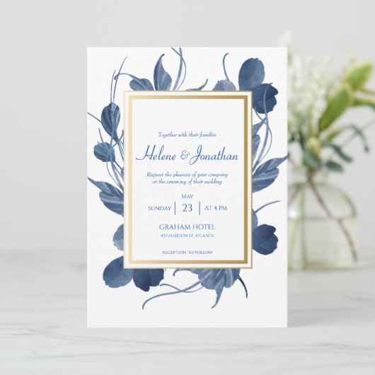 Elegant Navy Blue Floral Waterverf Rustic Wedding Kaart (Staand voorkant)