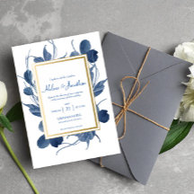 Elegant Navy Blue Floral Waterverf Rustic Wedding