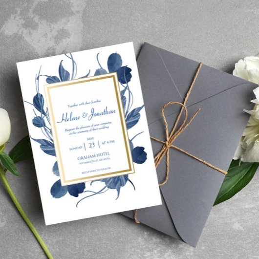Elegant Navy Blue Floral Waterverf Rustic Wedding Kaart