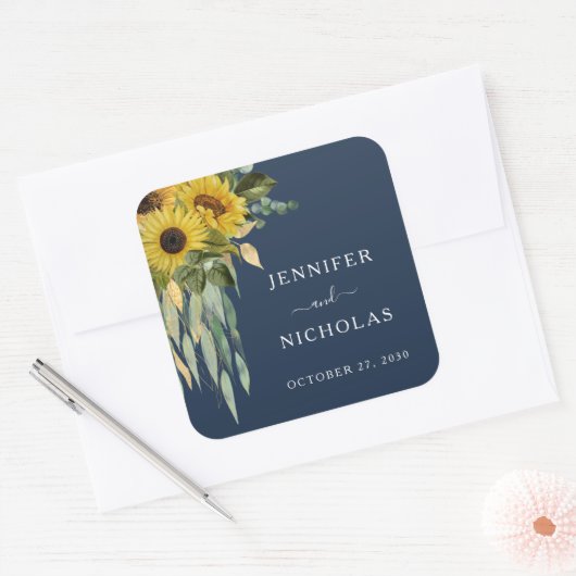 Elegant Navy Blue Floral Weddenschap Vierkante Sticker (Envelop)