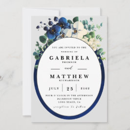 Elegant Navy Blue Floral Wedding Invitation | Edit Kaart
