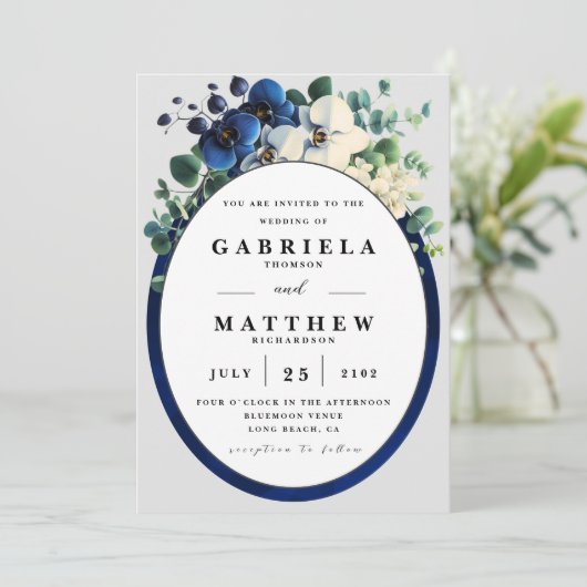 Elegant Navy Blue Floral Wedding Invitation | Edit Kaart (Staand voorkant)