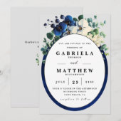 Elegant Navy Blue Floral Wedding Invitation | Edit Kaart (Voorkant / Achterkant)