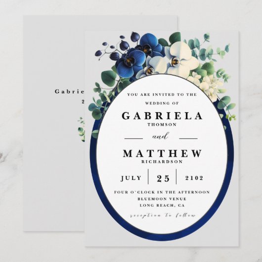 Elegant Navy Blue Floral Wedding Invitation | Edit Kaart (Voorkant / Achterkant)