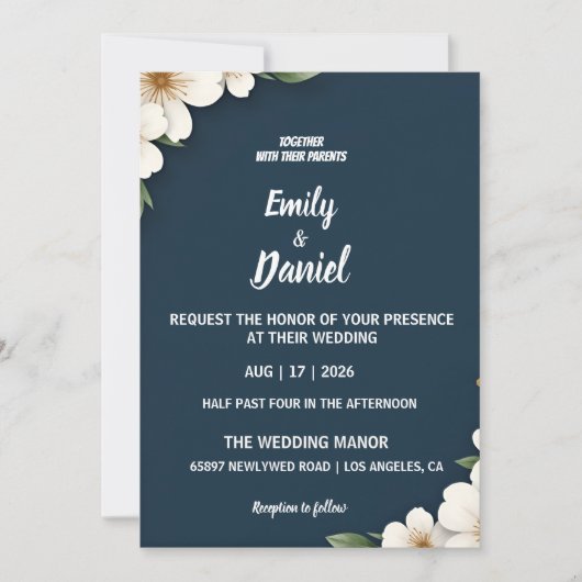 Elegant Navy Blue Floral Wedding Invitation Kaart (Voorkant)