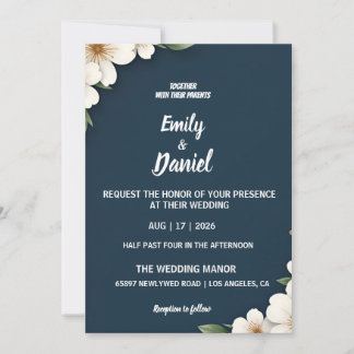 Elegant Navy Blue Floral Wedding Invitation Kaart