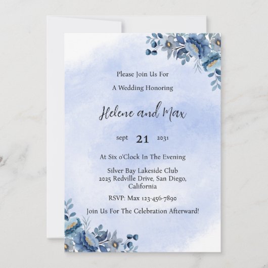 Elegant Navy Blue Floral Wedding Invitation Kaart (Voorkant)