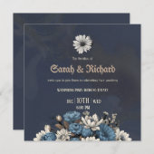 Elegant Navy Blue Floral Wedding Invite Kaart (Voorkant / Achterkant)