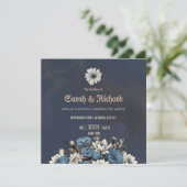 Elegant Navy Blue Floral Wedding Invite Kaart (Staand voorkant)