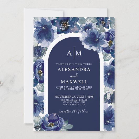 Elegant Navy Blue Floral Wedding Kaart (Voorkant)