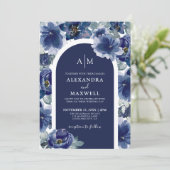Elegant Navy Blue Floral Wedding Kaart (Staand voorkant)