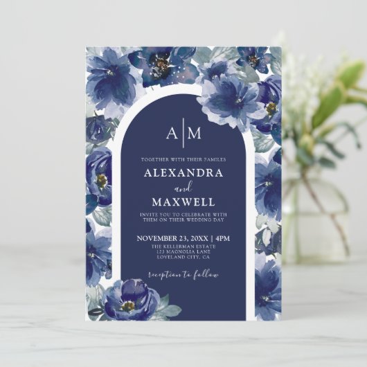 Elegant Navy Blue Floral Wedding Kaart (Staand voorkant)