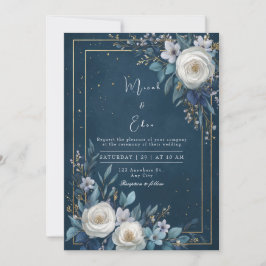 Elegant Navy Blue Floral Wedding Kaart