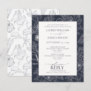 Elegant Navy Blue Floral Wedding Rehearsal Dinner Kaart