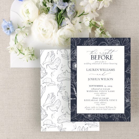 Elegant Navy Blue Floral Wedding Rehearsal Dinner Kaart