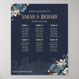 Elegant Navy Blue Floral Wedding Seating Chart Poster