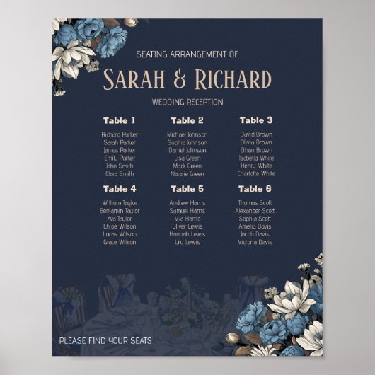 Elegant Navy Blue Floral Wedding Seating Chart Poster (Voorkant)