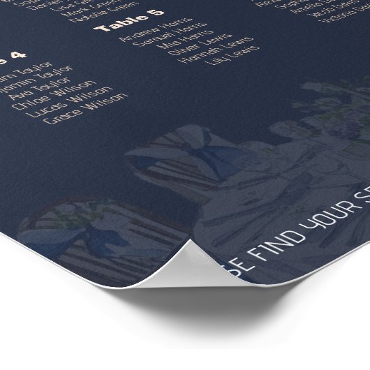 Elegant Navy Blue Floral Wedding Seating Chart Poster (Hoek)