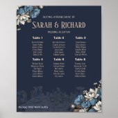 Elegant Navy Blue Floral Wedding Seating Chart Poster (Voorkant)