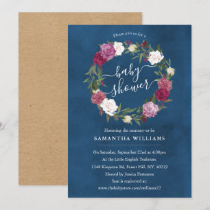 Elegant Navy Blue Floral Wreator Baby shower Kaart