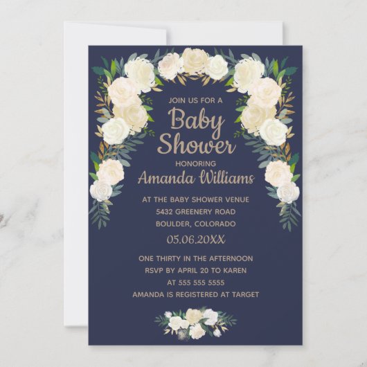 Elegant Navy Blue Floral Wreator Baby shower Kaart (Voorkant)