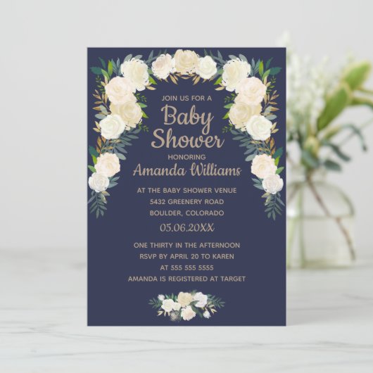 Elegant Navy Blue Floral Wreator Baby shower Kaart (Staand voorkant)