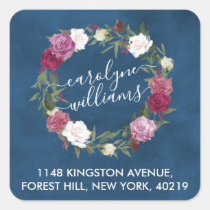 Elegant Navy Blue Floral WreatReturn Address Vierkante Sticker
