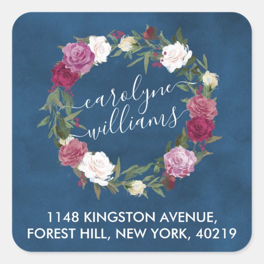 Elegant Navy Blue Floral WreatReturn Address Vierkante Sticker (Voorkant)