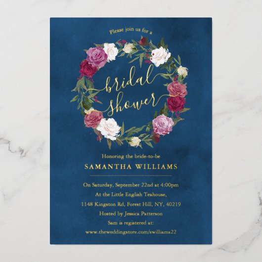 Elegant Navy Blue Floral WreatVrijgezellenfeest Re Folie Uitnodiging (Voorkant)