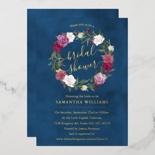 Elegant Navy Blue Floral WreatVrijgezellenfeest Re Folie Uitnodiging (Voorkant / Achterkant)