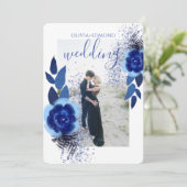 Elegant Navy Blue Flowers Lijst Foto Weddenschap Kaart (Staand voorkant)