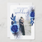 Elegant Navy Blue Flowers Lijst Foto Weddenschap Kaart (Voorkant)