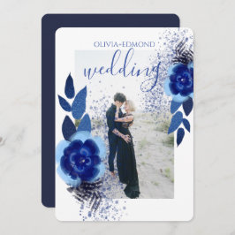 Elegant Navy Blue Flowers Lijst Foto Weddenschap Kaart