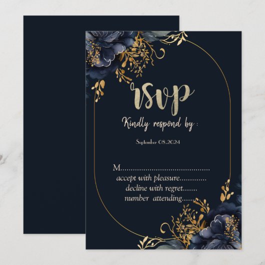 Elegant Navy Blue Flowers RSVP Kaart (Voorkant / Achterkant)