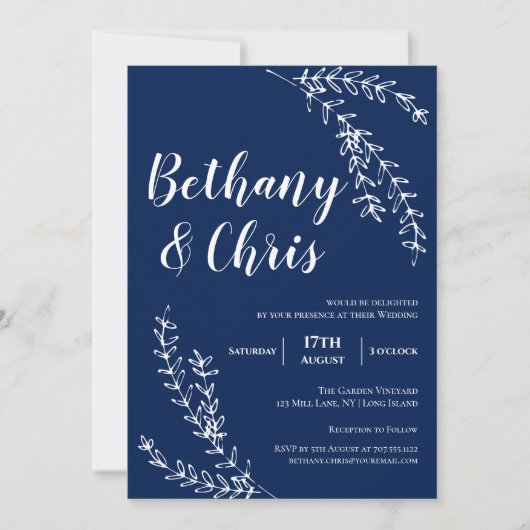 Elegant Navy Blue Foliage Minimalist Weddenschap Kaart (Voorkant)