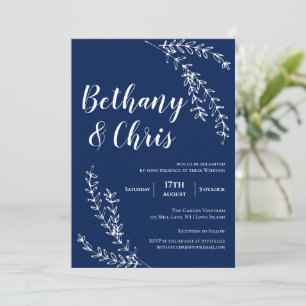 Elegant Navy Blue Foliage Minimalist Weddenschap Kaart