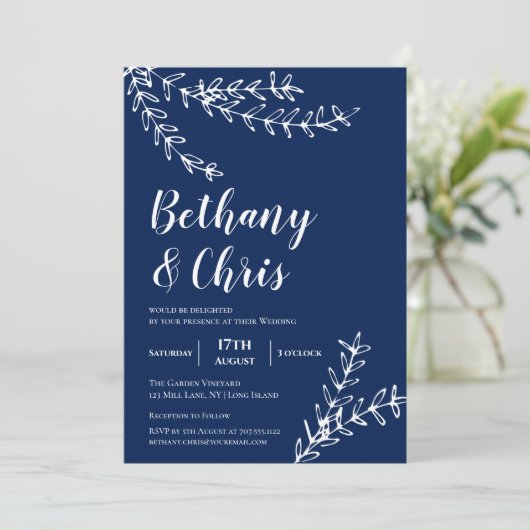 Elegant Navy Blue Foliage Minimalist Weddenschap Kaart (Staand voorkant)