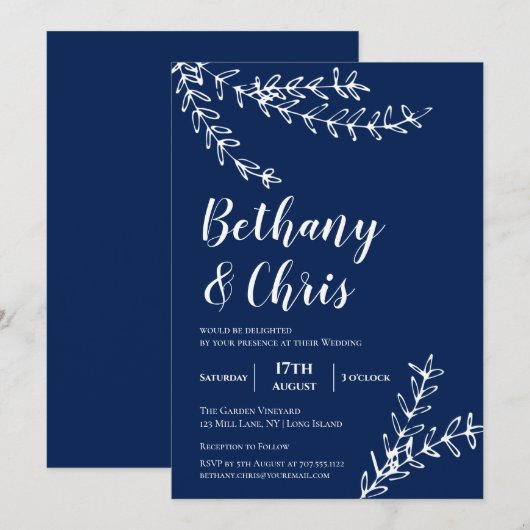 Elegant Navy Blue Foliage Minimalist Weddenschap Kaart (Voorkant / Achterkant)