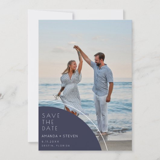 Elegant Navy Blue Foto Bruiloft Save The Date (Voorkant)