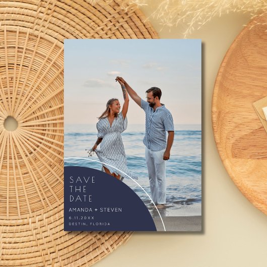 Elegant Navy Blue Foto Bruiloft Save The Date
