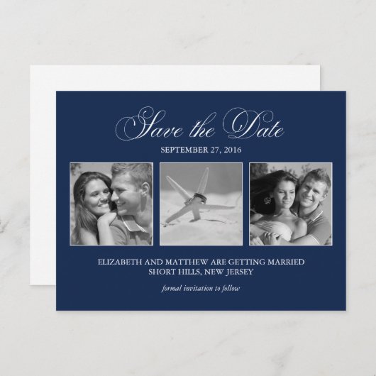 Elegant Navy Blue Foto Bruiloft Save the Date Aankondigingskaart (Voorkant / Achterkant)