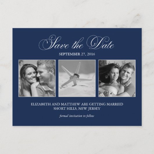 Elegant Navy Blue Foto Bruiloft Save the Date Aankondigingskaart (Voorkant)