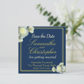 Elegant Navy Blue Foto Goud Script Wit Rose Save The Date (Staand voorkant)