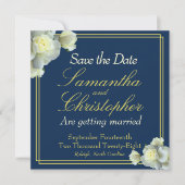Elegant Navy Blue Foto Goud Script Wit Rose Save The Date (Voorkant)