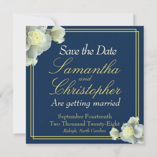 Elegant Navy Blue Foto Goud Script Wit Rose Save The Date (Voorkant)