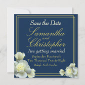 Elegant Navy Blue Foto Goud Script Wit Rose Save The Date (Voorkant)