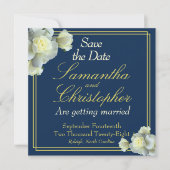 Elegant Navy Blue Foto Goud Script Wit Rose Save The Date (Voorkant)
