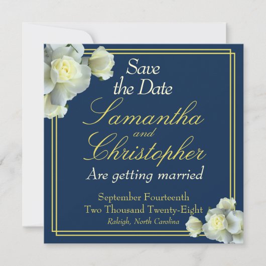 Elegant Navy Blue Foto Goud Script Wit Rose Save The Date (Voorkant)