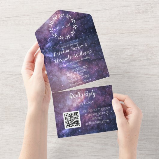 Elegant Navy Blue Galaxy Modern RSVP QR Code All I All In One Uitnodiging (Afscheurbaar)
