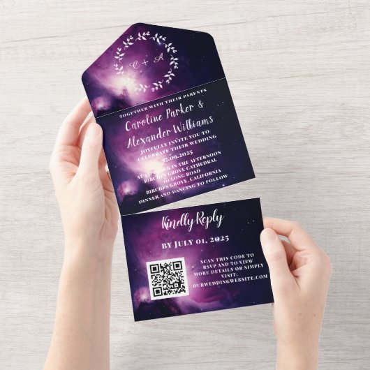 Elegant Navy Blue Galaxy Modern RSVP QR Code All In One Uitnodiging (Afscheurbaar)